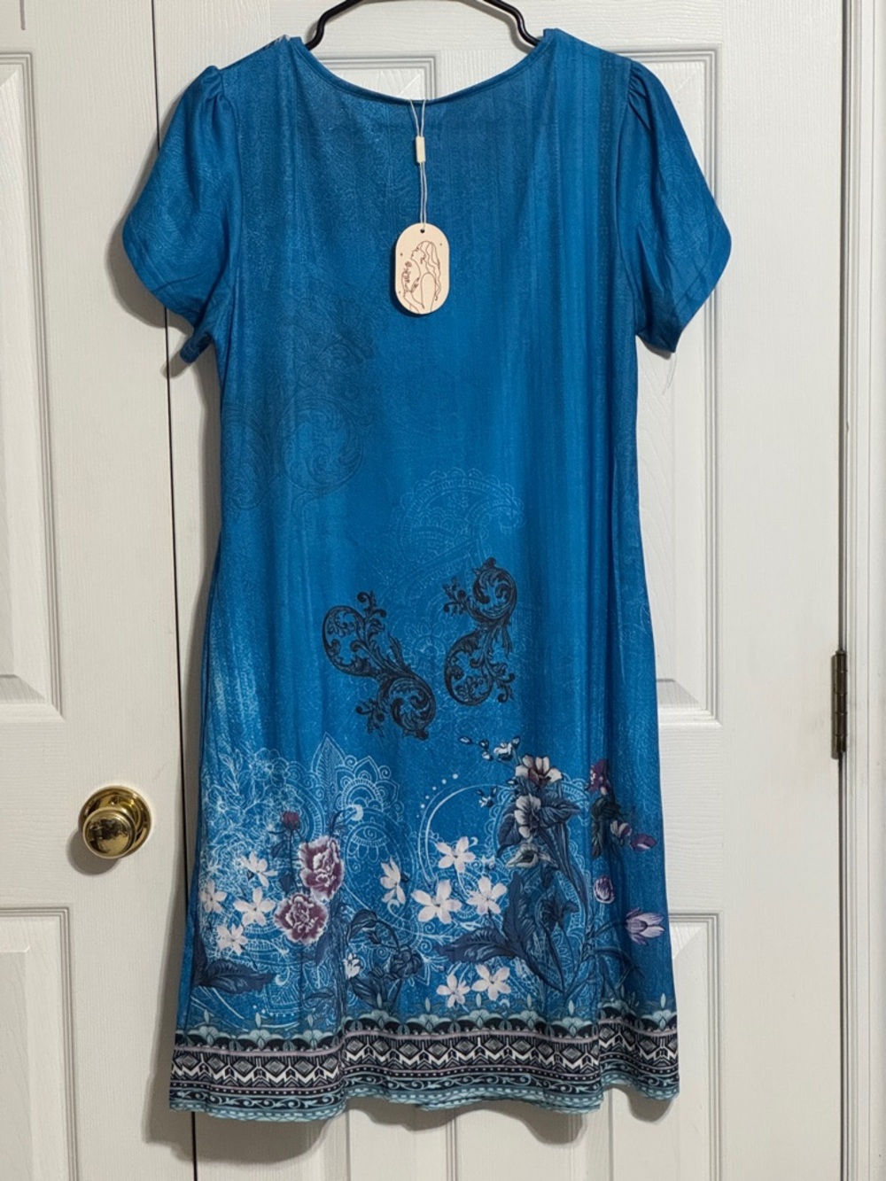 Blue Floral Short-Sleeve Women's Dress - Picture 3 of 5